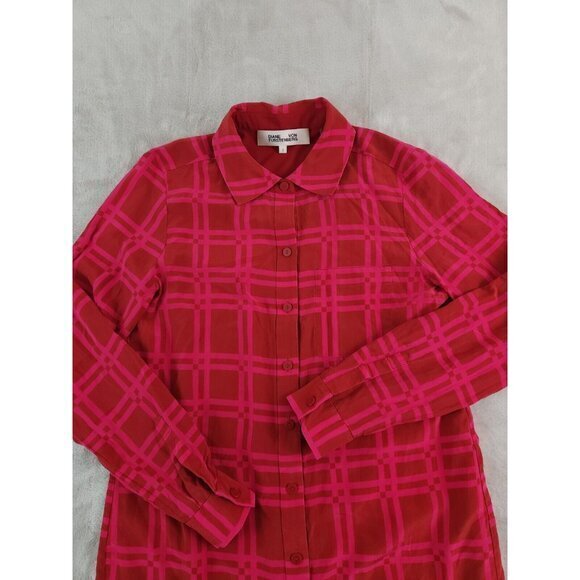 Diane Von Furstenberg Red Plaid Silk Long Sleeve Button Up Shirt Dress Size 2 - Picture 4 of 8
